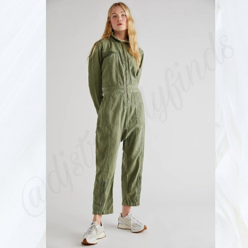 Free People x Sandrine Rose Zip Embroidered Denim Jumpsuit "California" in Army